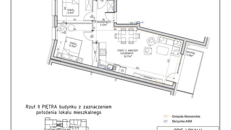 Rzut - Mieszkanie na sprzedaż 3 pokoje o powierzchni 60,65 m² - numer 32 w Osiedle Sady bud. E4
