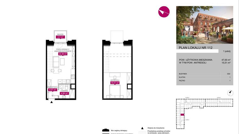 Rzut - Mieszkanie na sprzedaż 1 pokój o powierzchni 46,9 m² - numer G2.112 w Fuzja Lofty
