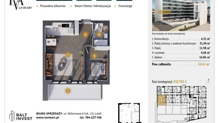 Rzut - Mieszkanie na sprzedaż 2 pokoje o powierzchni 54,61 m² - numer M3.6 w La Vie Art