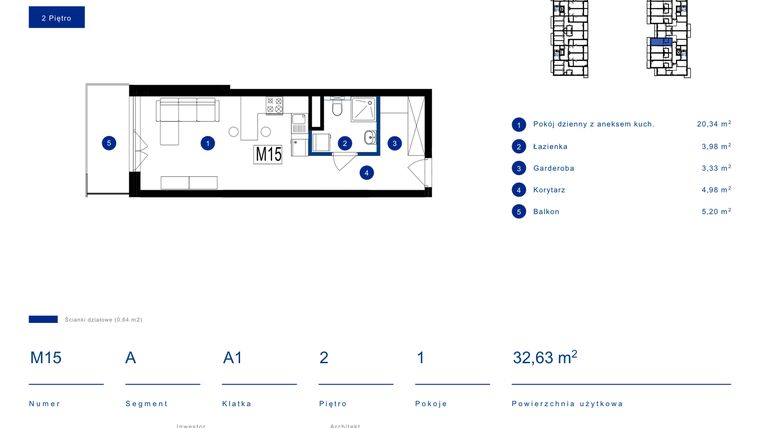Rzut - Mieszkanie na sprzedaż 1 pokój o powierzchni 32,63 m² - numer 15A w Przy Bursztynowej