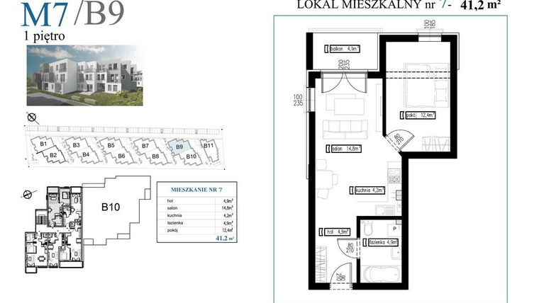 Rzut - Mieszkanie na sprzedaż 2 pokoje o powierzchni 41,2 m² - numer B9M7 w Przystań Rumia