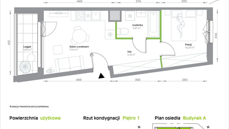 Rzut - Mieszkanie na sprzedaż 2 pokoje o powierzchni 38,03 m² - numer A/1/37 w Krakowska Vita