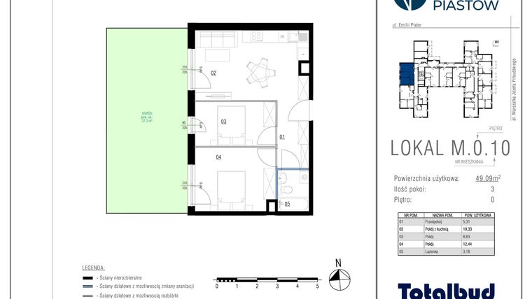 Rzut - Mieszkanie na sprzedaż 3 pokoje o powierzchni 49 m² - numer M.0.10 w Viva Piastów