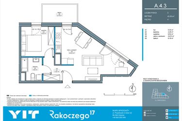 Rzut - Mieszkanie na sprzedaż 2 pokoje o powierzchni 43,35 m² - numer A.4.3 w Rakoczego 17