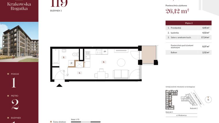 Rzut - Mieszkanie na sprzedaż 1 pokój o powierzchni 26,49 m² - numer 1.M119 w Krakowska Rogatka