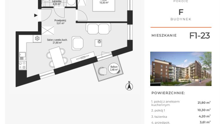 Rzut - Mieszkanie na sprzedaż 2 pokoje o powierzchni 39,91 m² - numer F1-23 w Na Koszutce II