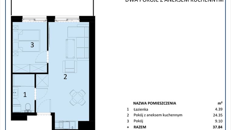Rzut - Mieszkanie na sprzedaż 2 pokoje o powierzchni 37,85 m² - numer C.203 w Perłowa Przystań - Sianożęty - etap III