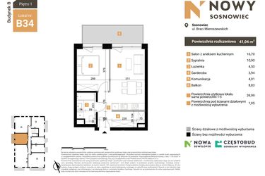 Rzut - Mieszkanie na sprzedaż 2 pokoje o powierzchni 41,04 m² - numer B34 w Nowy Sosnowiec