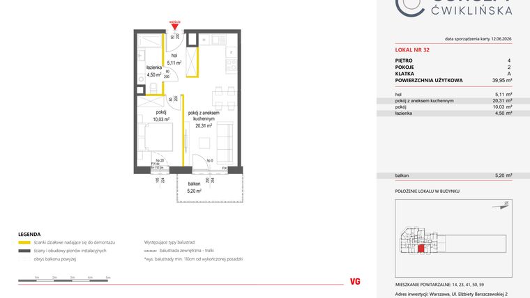 Rzut - Mieszkanie na sprzedaż 2 pokoje o powierzchni 39,95 m² - numer 32 w Concept Ćwiklińska