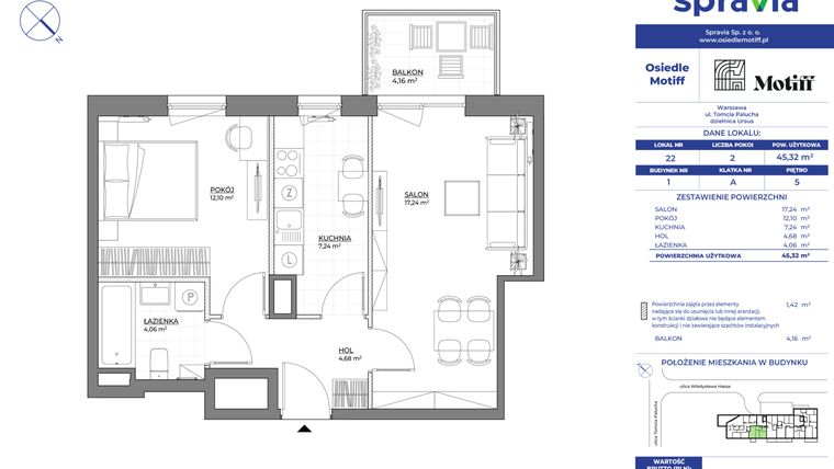 Rzut - Mieszkanie na sprzedaż 2 pokoje o powierzchni 45,32 m² - numer 1/22 w Osiedle Motiff