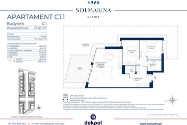 Rzut - Mieszkanie na sprzedaż 3 pokoje o powierzchni 77,57 m² - numer C1.1 w Sol Marina etap III
