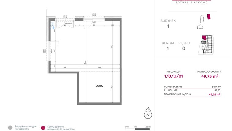 Rzut - Lokal użytkowy na sprzedaż 1 pokój o powierzchni 49,75 m² - numer 1/0/U/01 w Lechicka 65