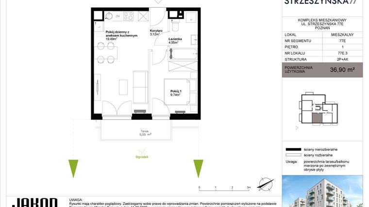 Rzut - Mieszkanie na sprzedaż 2 pokoje o powierzchni 36,9 m² - numer 77E.3 w Strzeszyńska 77