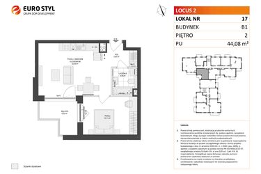 Rzut - Mieszkanie na sprzedaż 2 pokoje o powierzchni 44,08 m² - numer 17 w Locus 2