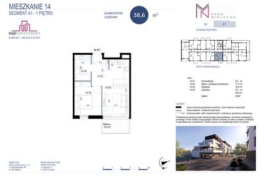 Rzut - Mieszkanie na sprzedaż 2 pokoje o powierzchni 38,6 m² - numer A1-14 w Park Mielecka