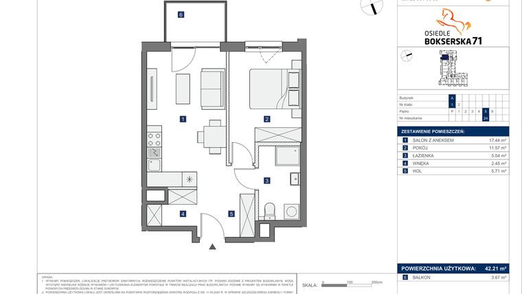 Rzut - Mieszkanie na sprzedaż 2 pokoje o powierzchni 42,21 m² - numer A.24 w Osiedle Bokserska 71 etap II