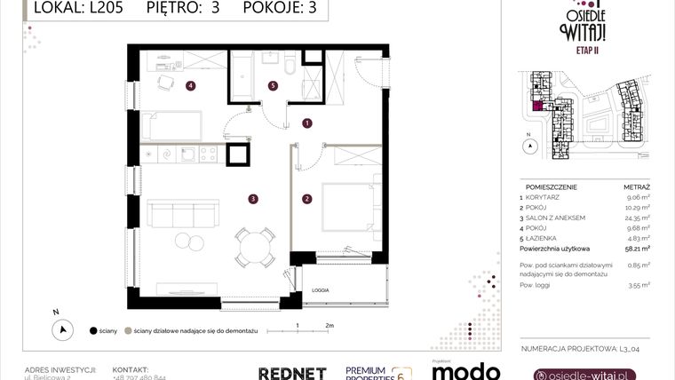 Rzut - Mieszkanie na sprzedaż 3 pokoje o powierzchni 59,06 m² - numer L205 w Osiedle Witaj etap II