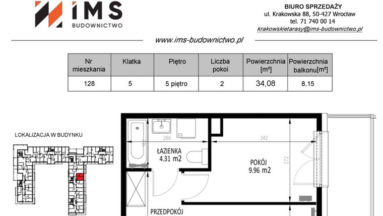 Rzut - Mieszkanie na sprzedaż 2 pokoje o powierzchni 34,08 m² - numer 128 w Krakowskie Tarasy etap V