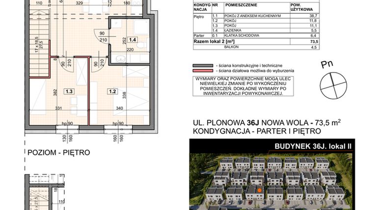 Rzut - Mieszkanie na sprzedaż 3 pokoje o powierzchni 73,5 m² - numer 36J/2 w Zespół willowy Zielona Polana - etap 6