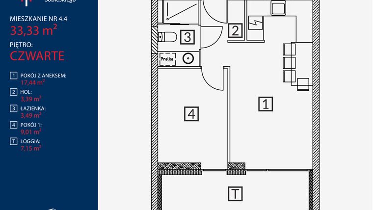 Rzut - Mieszkanie na sprzedaż 2 pokoje o powierzchni 33,33 m² - numer B2.M.4.4 w Tarasy Sobieskiego