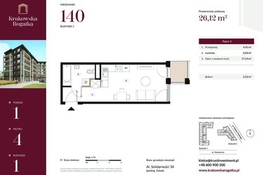 Rzut - Mieszkanie na sprzedaż 1 pokój o powierzchni 26,12 m² - numer 1.M140 w Krakowska Rogatka