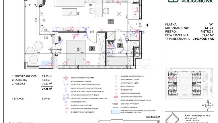 Rzut - Mieszkanie na sprzedaż 2 pokoje o powierzchni 39,46 m² - numer 24 w Apartamenty Poligonowa etap 5