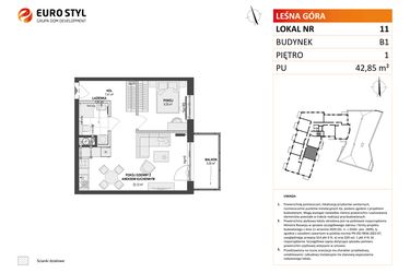 Rzut - Mieszkanie na sprzedaż 2 pokoje o powierzchni 42,85 m² - numer 11 w Leśna Góra