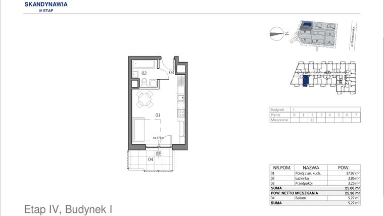 Rzut - Mieszkanie na sprzedaż 1 pokój o powierzchni 25,08 m² - numer I0225 w Park Skandynawia V