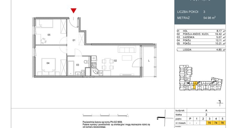 Rzut - Mieszkanie na sprzedaż 2 pokoje o powierzchni 54,98 m² - numer 70 w Morwowa 5