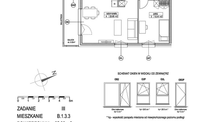 Rzut - Mieszkanie na sprzedaż 3 pokoje o powierzchni 65,72 m² - numer B.1.3.3 w Atut III