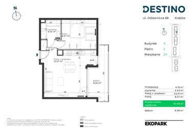Rzut - Mieszkanie na sprzedaż 2 pokoje o powierzchni 40,56 m² - numer A-24 w Destino