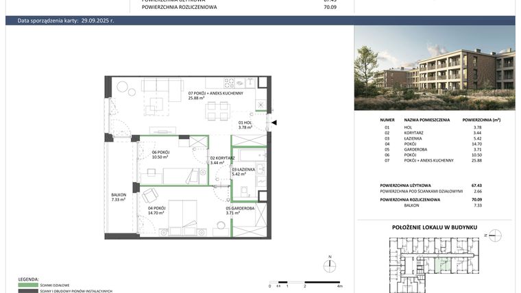 Rzut - Mieszkanie na sprzedaż 3 pokoje o powierzchni 67,43 m² - numer B-43 w Hillence etap 2