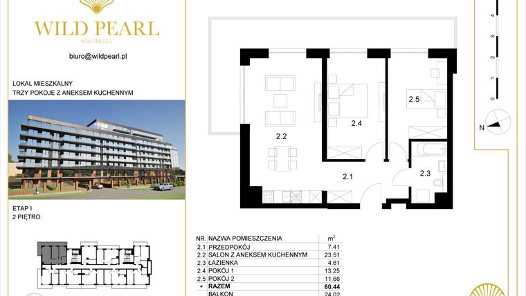 Rzut - Mieszkanie na sprzedaż 3 pokoje o powierzchni 60,44 m² - numer 2.2 w Wild Pearl