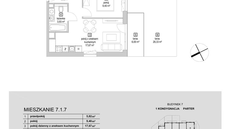 Rzut - Mieszkanie na sprzedaż 2 pokoje o powierzchni 36,82 m² - numer 7.1.7 w Osiedle Przyjemne IV