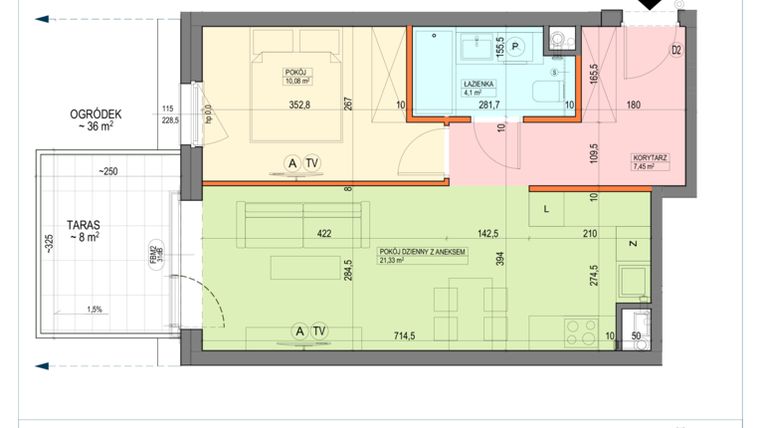 Rzut - Mieszkanie na sprzedaż 2 pokoje o powierzchni 42,96 m² - numer B1.0.02.2a w Junique I.II