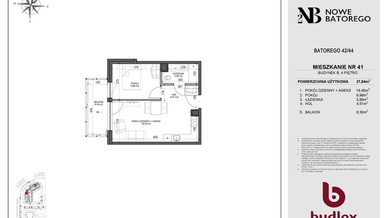 Rzut - Mieszkanie na sprzedaż 2 pokoje o powierzchni 37,75 m² - numer B41 w Nowe Batorego 2