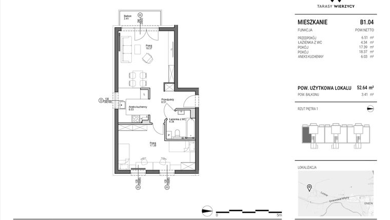 Rzut - Mieszkanie na sprzedaż 2 pokoje o powierzchni 52,64 m² - numer B1.04 w Tarasy Wierzycy