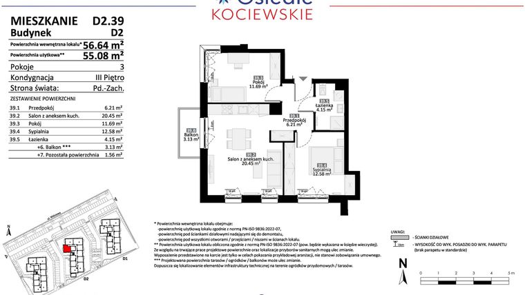 Rzut - Mieszkanie na sprzedaż 3 pokoje o powierzchni 55,08 m² - numer D2.39 w Osiedle Kociewskie etap IV