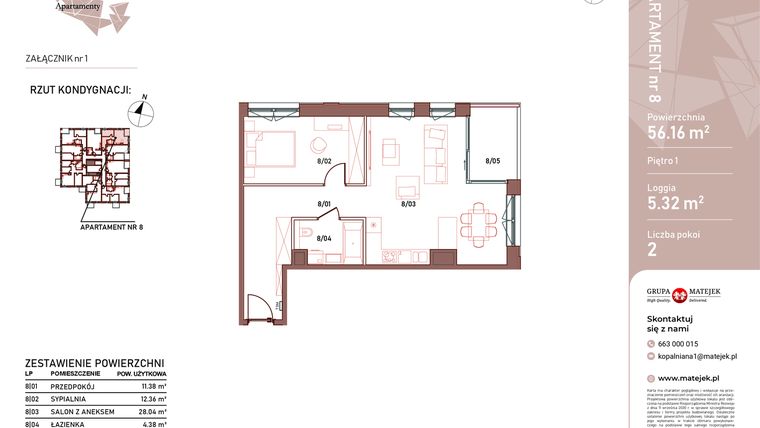 Rzut - Mieszkanie na sprzedaż 2 pokoje o powierzchni 56,16 m² - numer 8 w Kopalniana