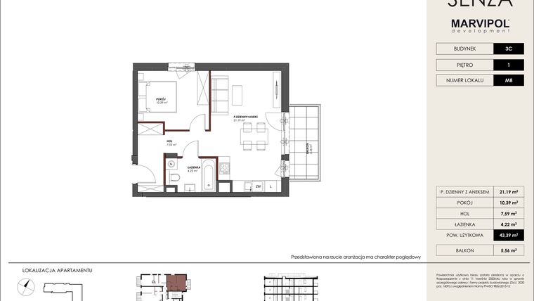 Rzut - Mieszkanie na sprzedaż 2 pokoje o powierzchni 43,39 m² - numer C.M08 w Osiedle Senza