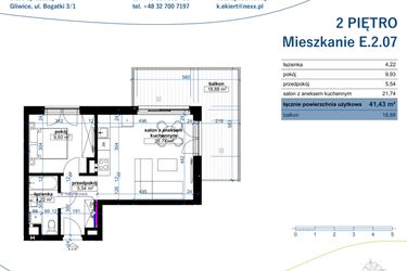 Rzut - Mieszkanie na sprzedaż 2 pokoje o powierzchni 41,43 m² - numer E.2.07 w Wzgórze Poetów 2