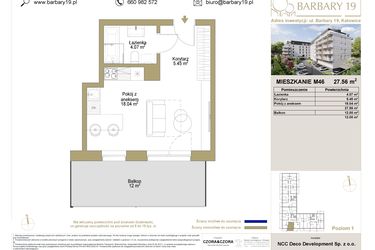 Rzut - Mieszkanie na sprzedaż 1 pokój o powierzchni 27,56 m² - numer 46 w Barbary 19