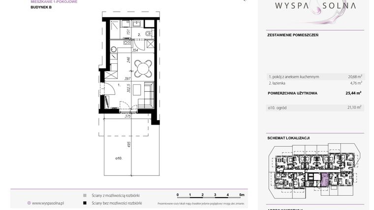 Rzut - Mieszkanie na sprzedaż 1 pokój o powierzchni 25,44 m² - numer B.0.11 w Wyspa Solna Etap III, budynek B