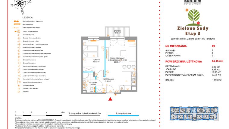 Rzut - Mieszkanie na sprzedaż 2 pokoje o powierzchni 44,15 m² - numer 49 w Zielone Sady etap III B2