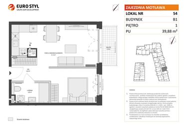 Rzut - Mieszkanie na sprzedaż 1 pokój o powierzchni 39,88 m² - numer B1.54 w Zajezdnia Motława
