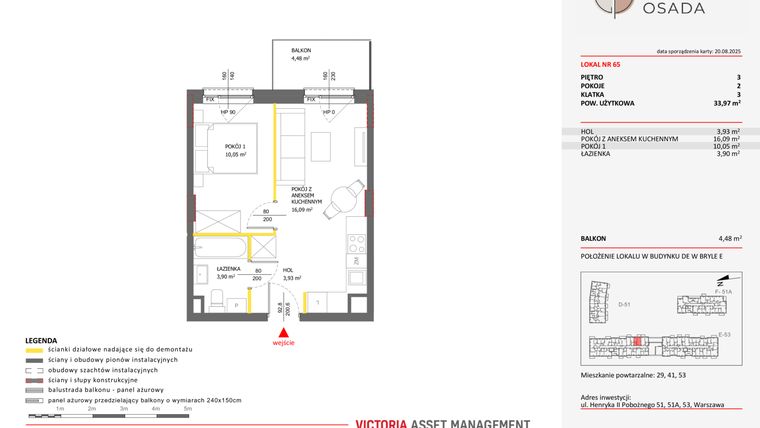 Rzut - Mieszkanie na sprzedaż 2 pokoje o powierzchni 33,97 m² - numer E.65 w Piastova Osada