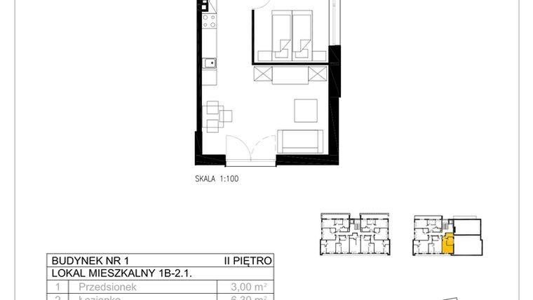 Rzut - Mieszkanie na sprzedaż 2 pokoje o powierzchni 42,77 m² - numer 1B-2.1 w Gardenia Pogodno