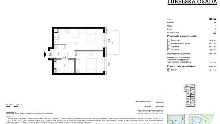 Rzut - Mieszkanie na sprzedaż 2 pokoje o powierzchni 40,44 m² - numer B6.30 w Lubelska Osada budynek B6