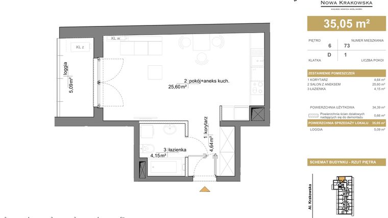 Rzut - Mieszkanie na sprzedaż 1 pokój o powierzchni 35,05 m² - numer D.6.73 w Nowa Krakowska