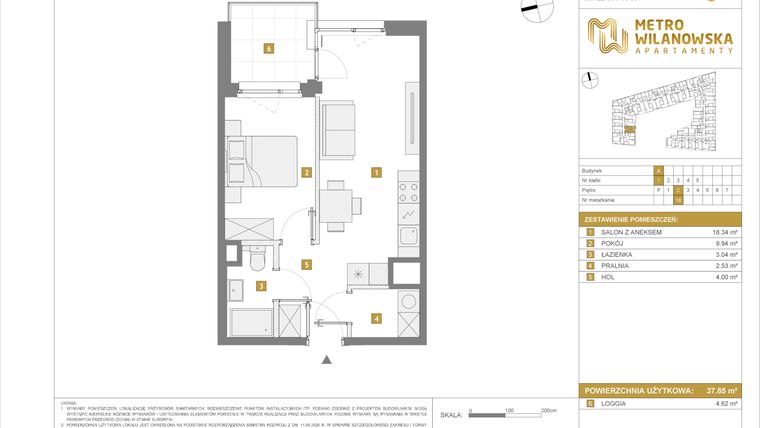 Rzut - Mieszkanie na sprzedaż 2 pokoje o powierzchni 37,85 m² - numer 18 w Apartamenty Metro Wilanowska